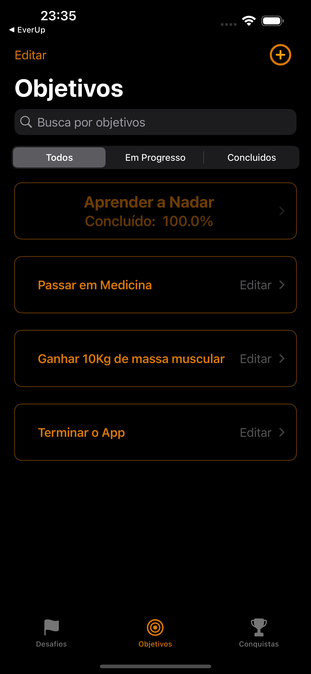 Tela de Criação de Objetivos do EverUp