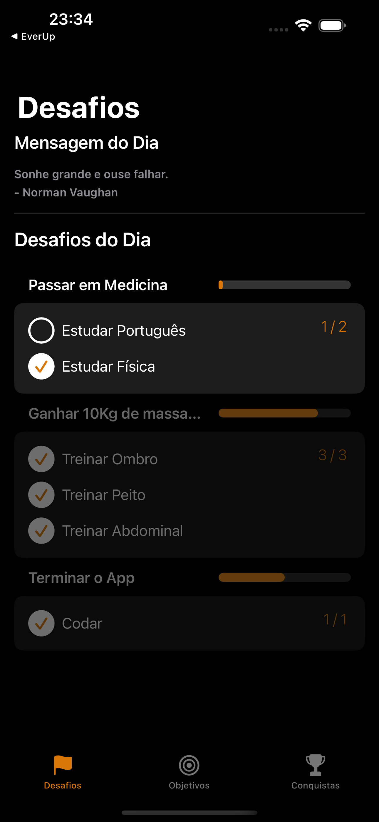 Tela de Desafios Diários do EverUp